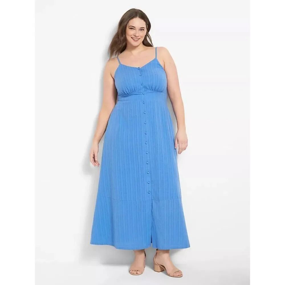 LANE BRYANT REGATTA BLUE SLEEVELESS V-NECK BUTTON FRONT MAXI DRESS SZ 22